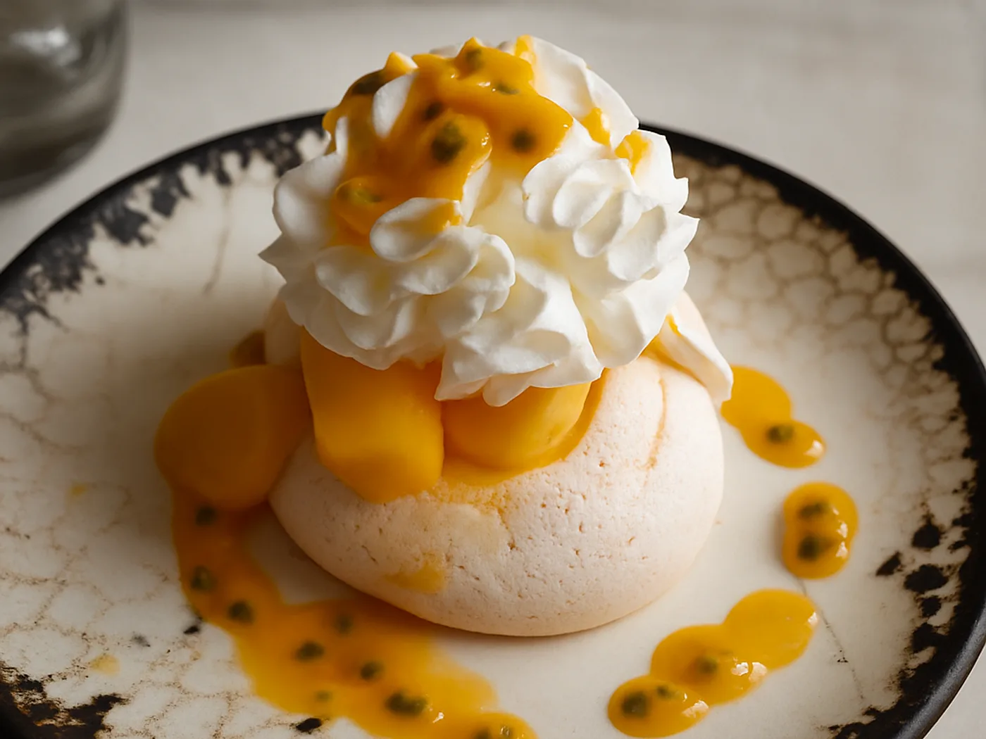 Meringa con panna e salsa al mango